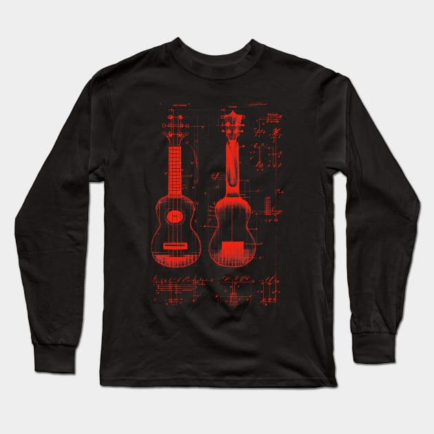 Neon Red Ukulele Da Vinci Blueprint Long Sleeve T-Shirt by Trip Tank